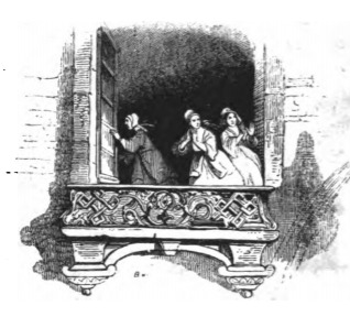 [The Lilliputian Empress and her maids looking out the window after the fire]