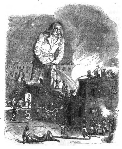 [Gulliver extinguishes a fire in the Imperial Palace on Lilliput]