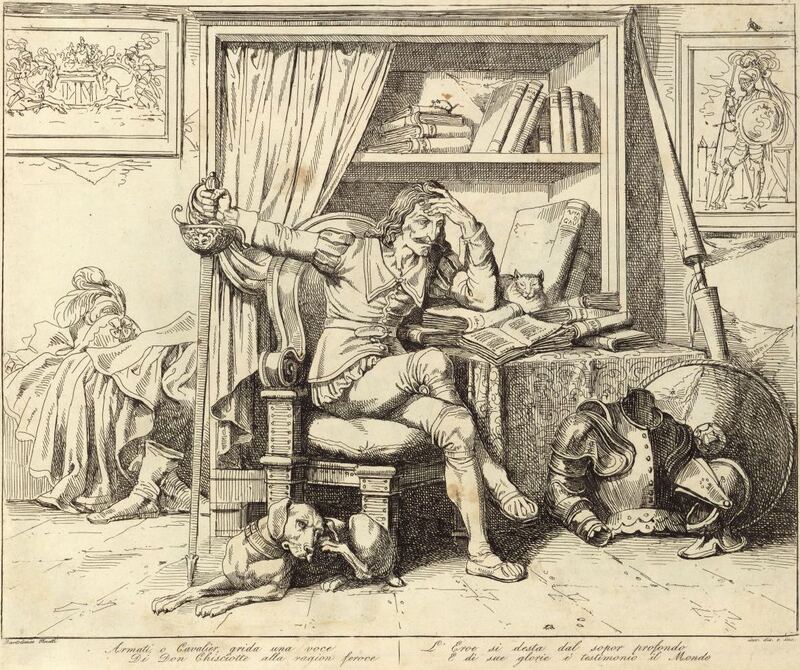 ﻿"Armati, o Cavalier, grida una voce / Di Don Chisciotte alla ragion feroce / L'Eroe si desta dal sopor profondo / E di sue glorie è testimonio il Mondo"