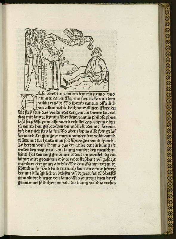 Vita et Fabulae [A group of people are observing a bird dropping a ring on top of a man sitting on the floor]