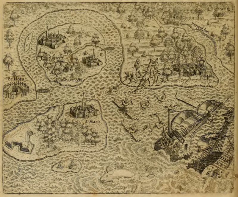 [Europeans are shipwrecked near the coast of Brazil, close to several European and Tupinambá settlements]