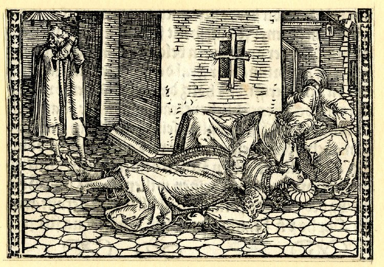 [Act XXI (Second Illustration) – Alisa, Pleberio, and Lucrecia Mourning the Loss of Melibea]
