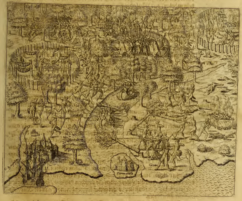 [Tupinambá people attack a European settlement and rowboats]