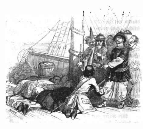 [Gulliver begs the captain of a Dutch pirate ship for mercy]