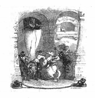 [Lilliputian cavaliers practice while Gulliver watches]