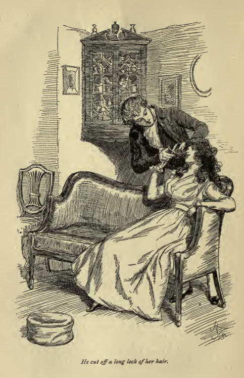 He cut off a long lock of her hair.