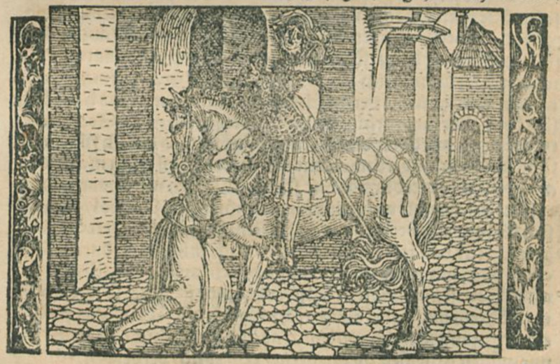 [Act II (Second Illustration) – Sempronio (?) Sitting on a Horse as He Prepares to Visit Celestina]