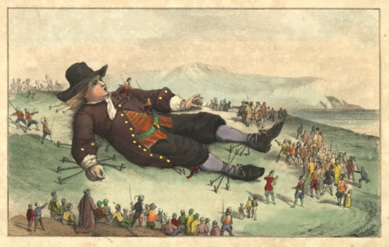 [Gulliver wakes up on Lilliput, finding himself tied down]