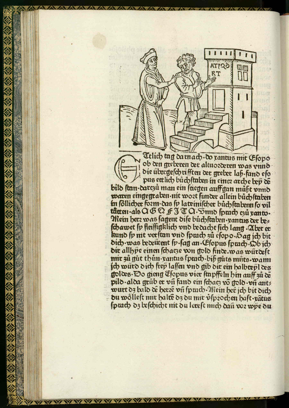 Vita et Fabulae [Two men converse in front a small tower like structure]
