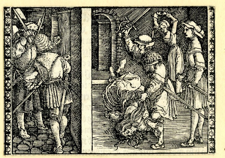 [Act XII (Second Illustration) – The Alguacil’s Men Knock on the Door as Sempronio Murders Celestina]