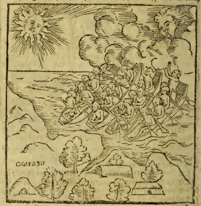 [Tupinambá people approach the shore in canoes]