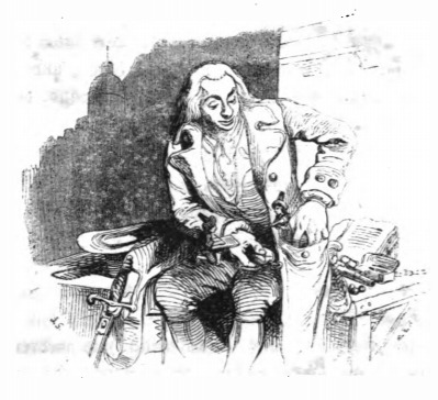 [Gulliver in his house in Lilliput with two attendants]