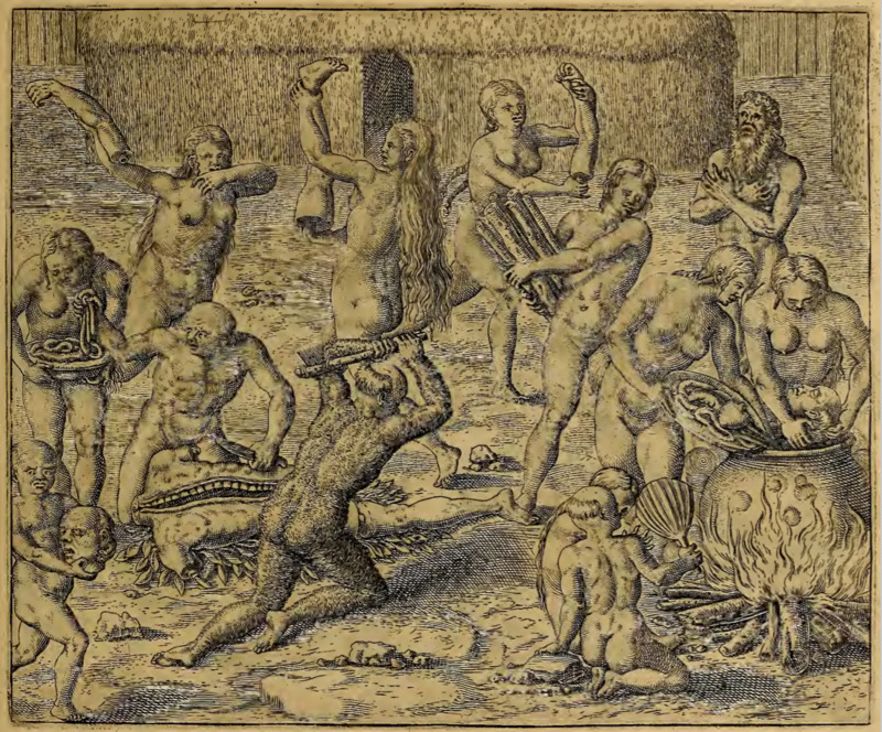 [The Tupinambá dismember a body for ceremonial cannibalism]