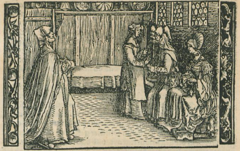 [Act X – Melibea, Celestina, and Lucrecia Talking as Alisa Approaches]