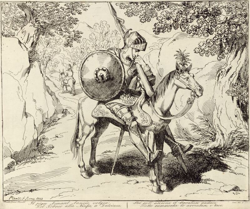Il pigro Somarel Sancio volgea / Del Toboso alla Ninfa, a Dulcinea. / Stá sull'arcione il Cavaliere audace, / Tutte rammenta le avventure, e tace.