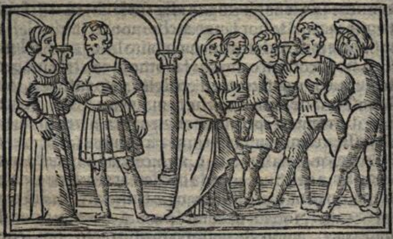 [Act VII – Areusa, Pármeno, Celestina, and Four Male Figures]