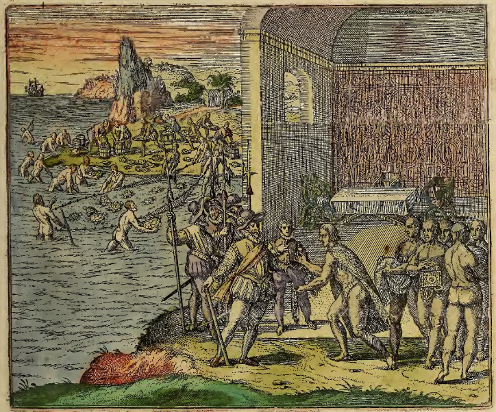 Benzo cvm comitibvs, premente fame testudines venatur secundum littus, quæ in ea regione prægandes sunt.