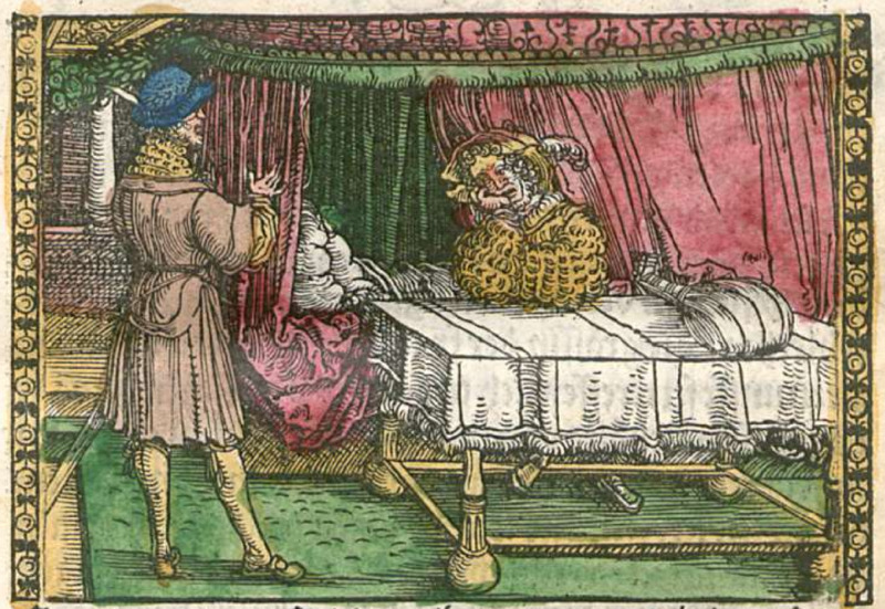 [Act I (Second Illustration) – Calisto Laments the Absence of Melibea to Sempronio]