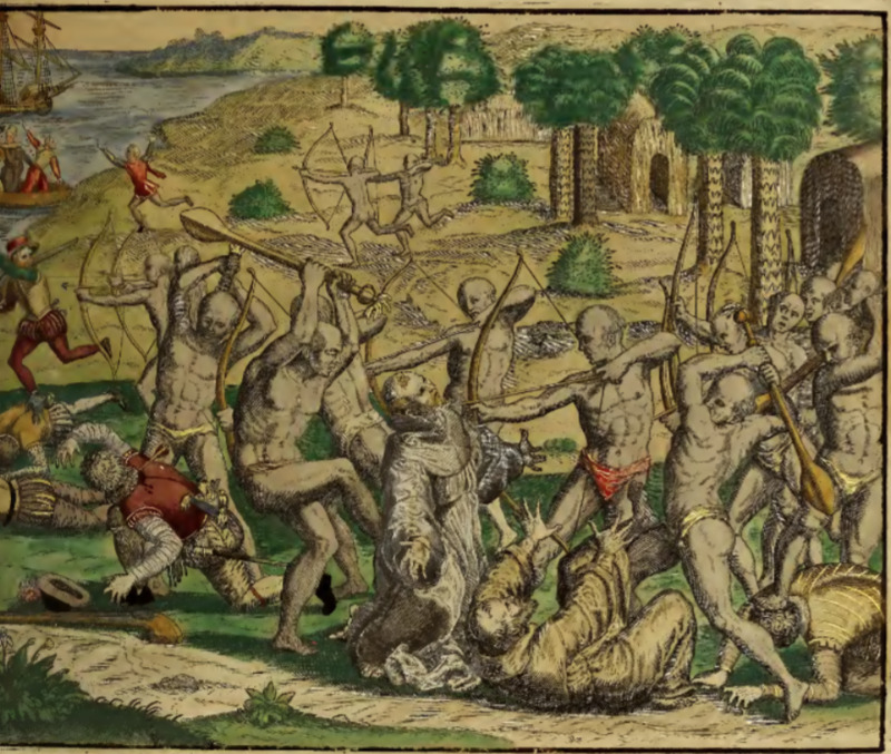 Hispani cum monachis aliquot ab Indis trucidantur.
