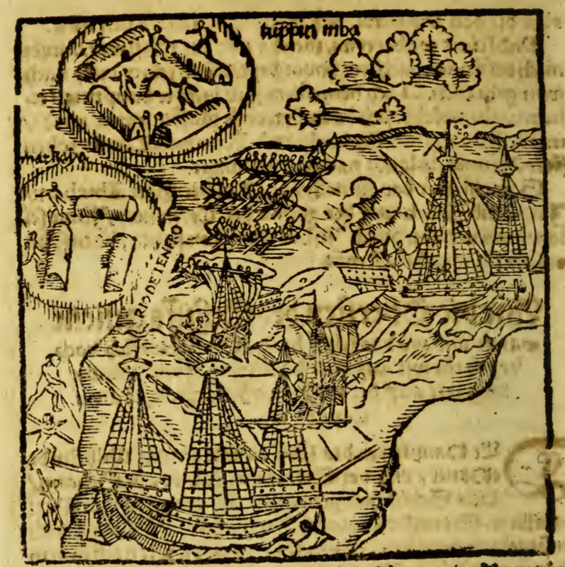 [Europeans and Tupinambá people engage in a naval battle]