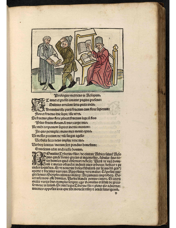 Esopi Appologi siue Mythologi cum quibusdam carminum et fabularum additionibus Sebastiani Brant. [A man is making a copy of a book while two men examine a book nearby]