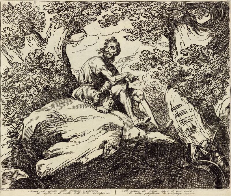 Amor, che spesso alla virtude è sprone, / Il ciglio, e il volto dell'Eroe compone. / All'estasi di gioja apre il suo cuore, / E alla preghiera lo costringe amore.