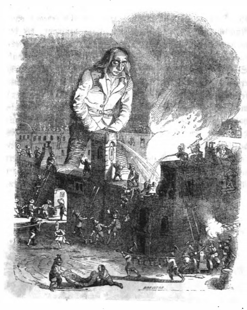 [Gulliver puts out the fire in the Royal Palace on Lilliput]