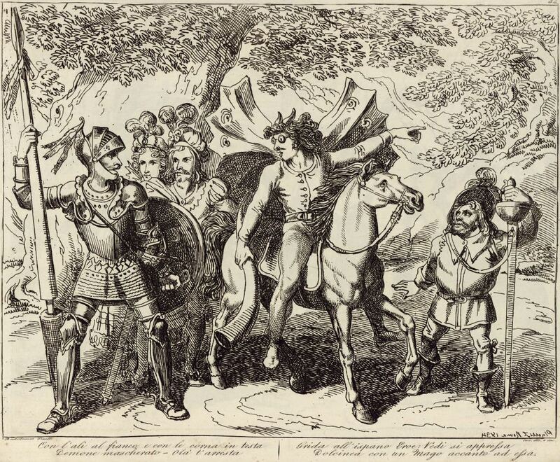 Con l'ali al fianco, e con le corna in testa / Demone mascherato - O lá t'arresta / Grida all'ispano Eroe: Vedi si appressa / Dolcinea con un Mago accanto ad essa.