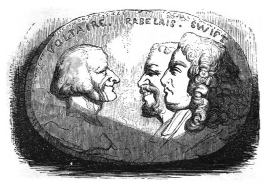 [Relief drawing of Voltaire, Rabelais, and Swift]