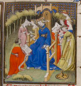 Boccace offre son livre à la comtesse de Hauteville entourée de ses suivantes