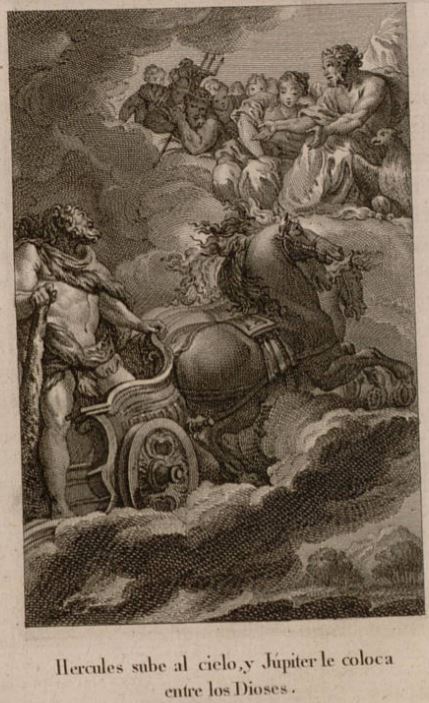 Hercules sube al cielo, y Jupiter le coloca entre los Dioses