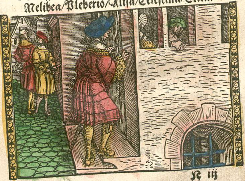 [Act XII (First Illustration) – Calisto Talks to Melibea and Lucrecia Through Melibea’s Door While Sempronio and Pármeno Stand Guard]