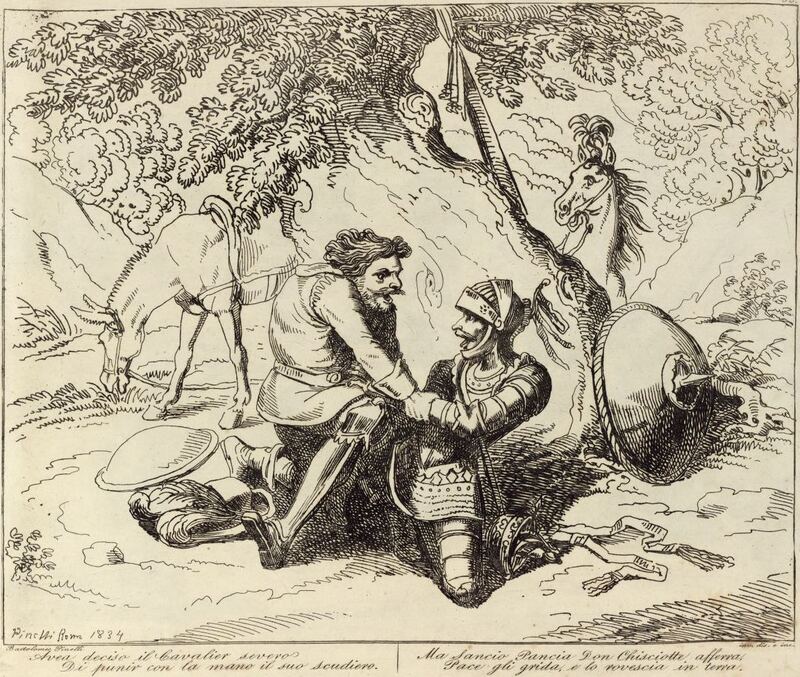 Avea deciso il Cavalier severo / Di punir con la mano il suo scudiero. / Ma Sancio Pancia Don Chisciotte afferra, / Pace gli grida, e lo rovescia in terra.