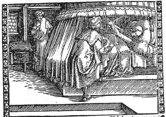 [Act XXI (First Illustration) – Pleberio Telling Alisa About the Death of Melibea while Lucrecia Stands at a Distance]