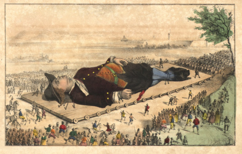 [Gulliver is transported to the capital city of Lilliput on a gurney]
