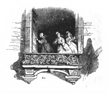 [The Lilliputian Empress and her attendants looks out the window after the fire]