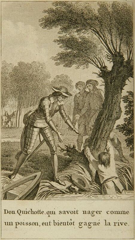 Don Quichotte, qui savoit nager comme un poisson, eut bientôt gagné la rive