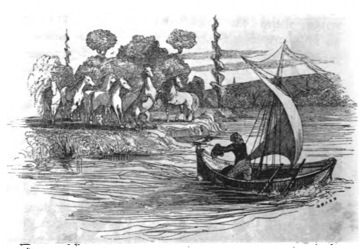 [Gulliver waves as he leaves the Country of the Houyhnhnms]