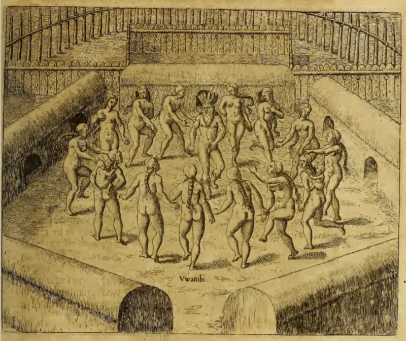 [Inside a village, Tupinambá women dance around a European man]