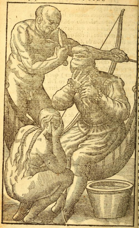 [A European man and a Tupinambá woman weep into their hands while a Tupinambá man stands behind them]