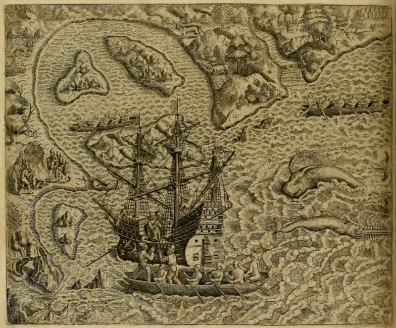 [A European ship anchored near the coast with Tupinambá canoes nearby]