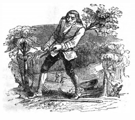 [Gulliver whittles a tree to use in his boat]