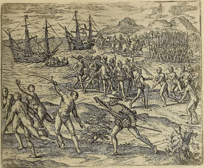 Franciscus Monteius wird Gubernator in der Provintz Yücatana, einer auß den Indianischen Cacicis nimt sich grosser Freundschafft an, als ob er ein Verbündnuß mit im machen wolt, understehet sich aber den Monteium mit einem Gebel zu erhawen.