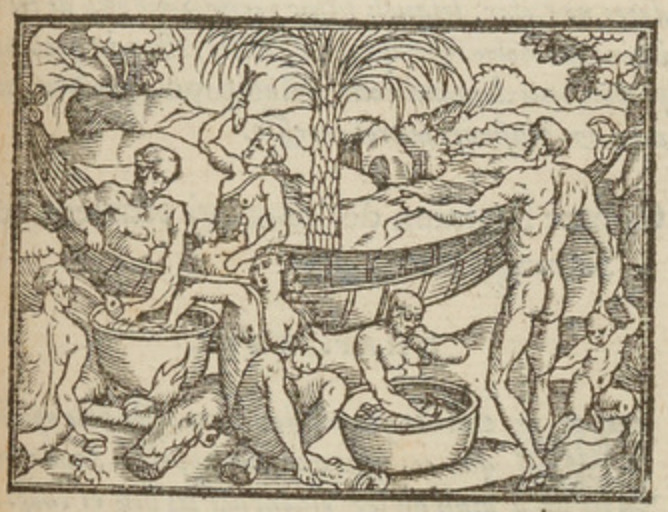 [Indigenous Brazilians cook and eat a meal]