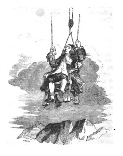 [Gulliver is raised up to the floating island of Laputa on a chair]