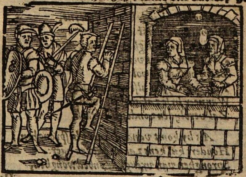 [Act XIX – Calisto, Guarded by Sosia and Tristán, Climbs Melibea’s Garden Wall While Melibea and Lucrecia Watch from a Window (Repeated)]