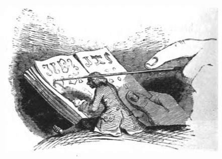 [Gulliver learns to read the language of the Giants from Brobdingnag from Glumdalclitch]