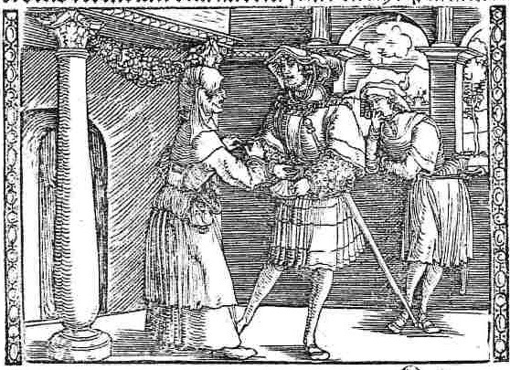 [Act II (First Illustration) – Calisto Paying Celestina While Another Figure (Either Sempronio or Pármeno) Yawns]