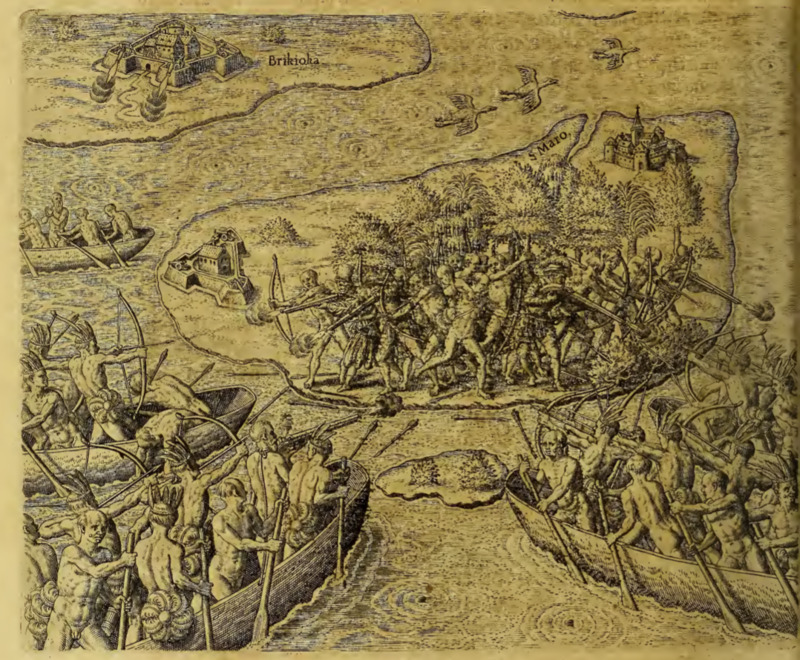 [Combat between European and Indigenous men on an island and Indigenous people in canoes]