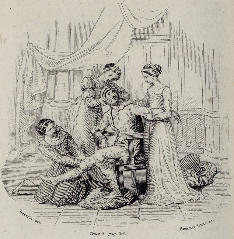 [Don Quixote served by the duchess' maidens]